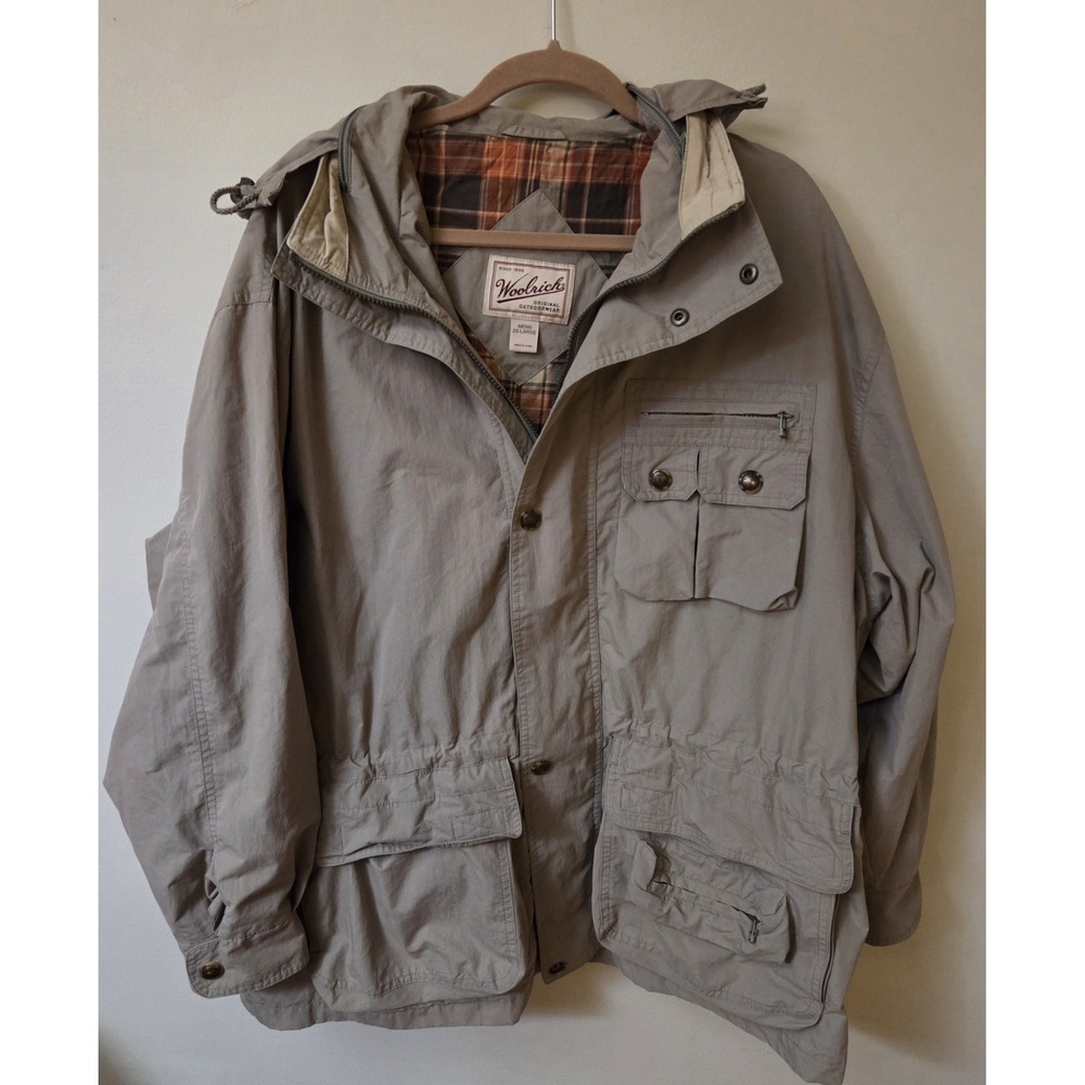 Vtg Woolrich‎ Jacket Mens 2XL Tall Tan Zip Lined Chore Coat Jacket Hood